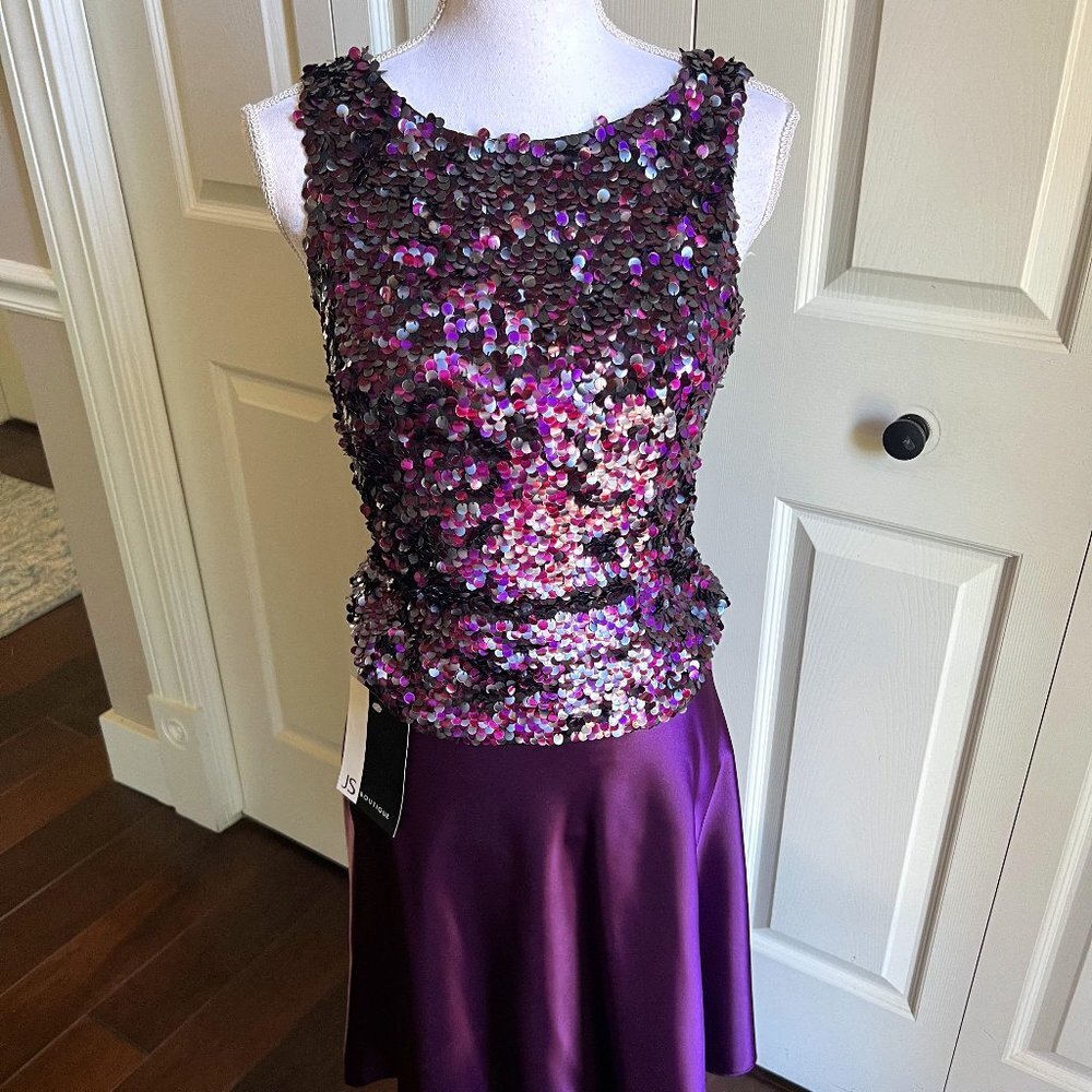NWT JS Boutique purple shimmery sequins top and satin skirt outfit size S